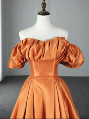 Bridesmaid Dresses Designer, Off the Shoulder Orange Satin Long Prom Dresses, Orange Long Satin Formal Evening Dresses
