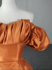 Bridesmaid Dress Designs, Off the Shoulder Orange Satin Long Prom Dresses, Orange Long Satin Formal Evening Dresses