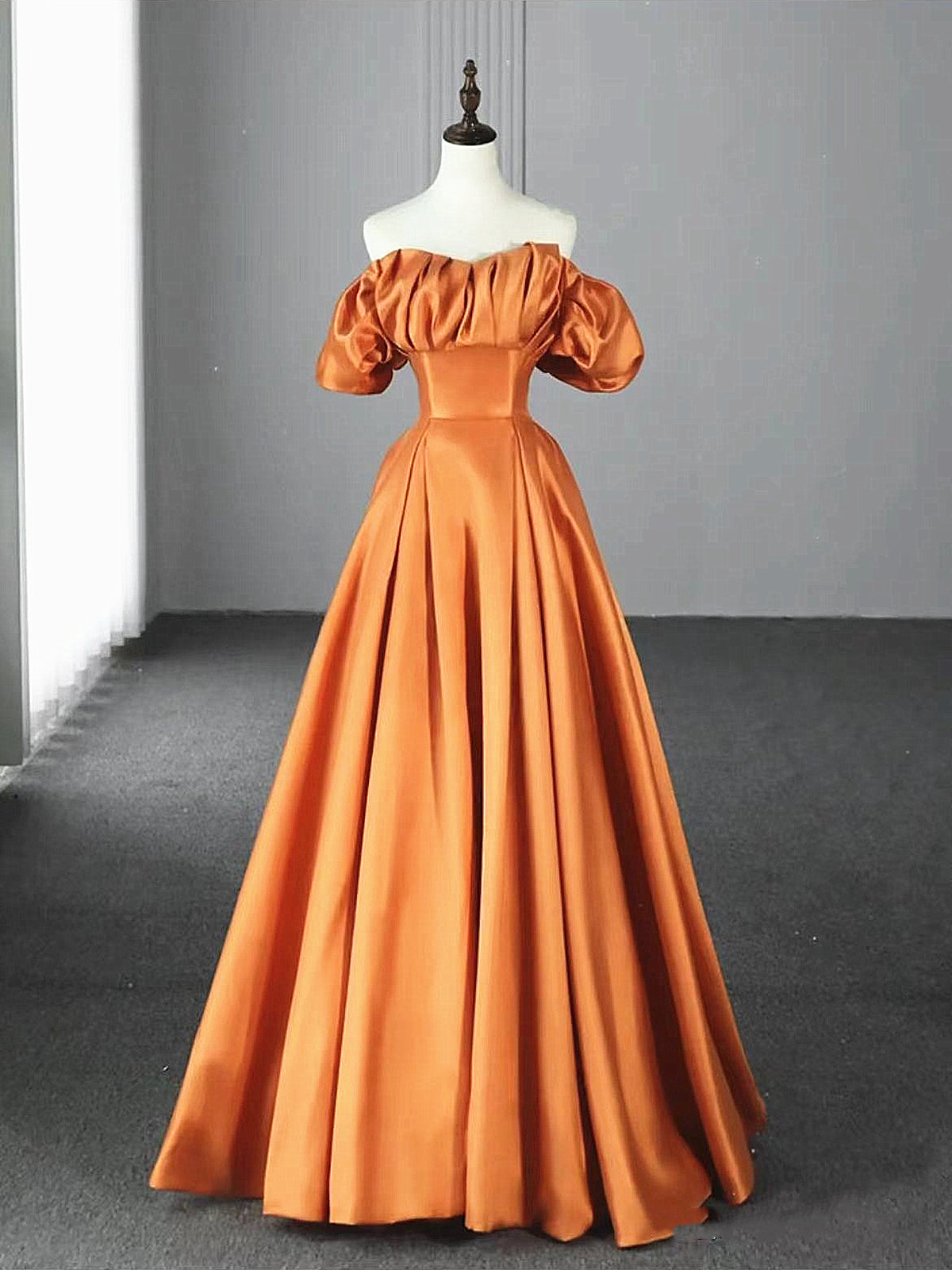 Bridesmaid Dresses Design, Off the Shoulder Orange Satin Long Prom Dresses, Orange Long Satin Formal Evening Dresses