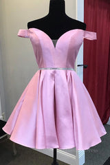 Bridesmaid Dress Beach, Off the Shoulder Pink Satin Short Prom Homecoming Dress with Belt, Off Shoulder Pink Formal Graduation Evening Dress