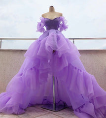 Lace Dress, Off the Shoulder Purple High Low Prom Dresses, High Low Purple Formal Graduation Dresses