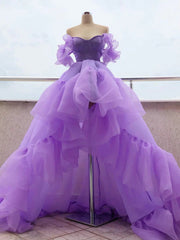 Ranch Dress, Off the Shoulder Purple High Low Prom Dresses, High Low Purple Formal Graduation Dresses