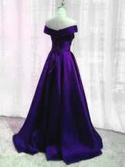 Pretty Prom Dress, Off the Shoulder Purple Satin Long Prom Dresses, Off Shoulder Long Purple Formal Graduation Dresses