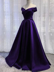 Wedding Shoes Bride, Off the Shoulder Purple Satin Long Prom Dresses, Off Shoulder Long Purple Formal Graduation Dresses