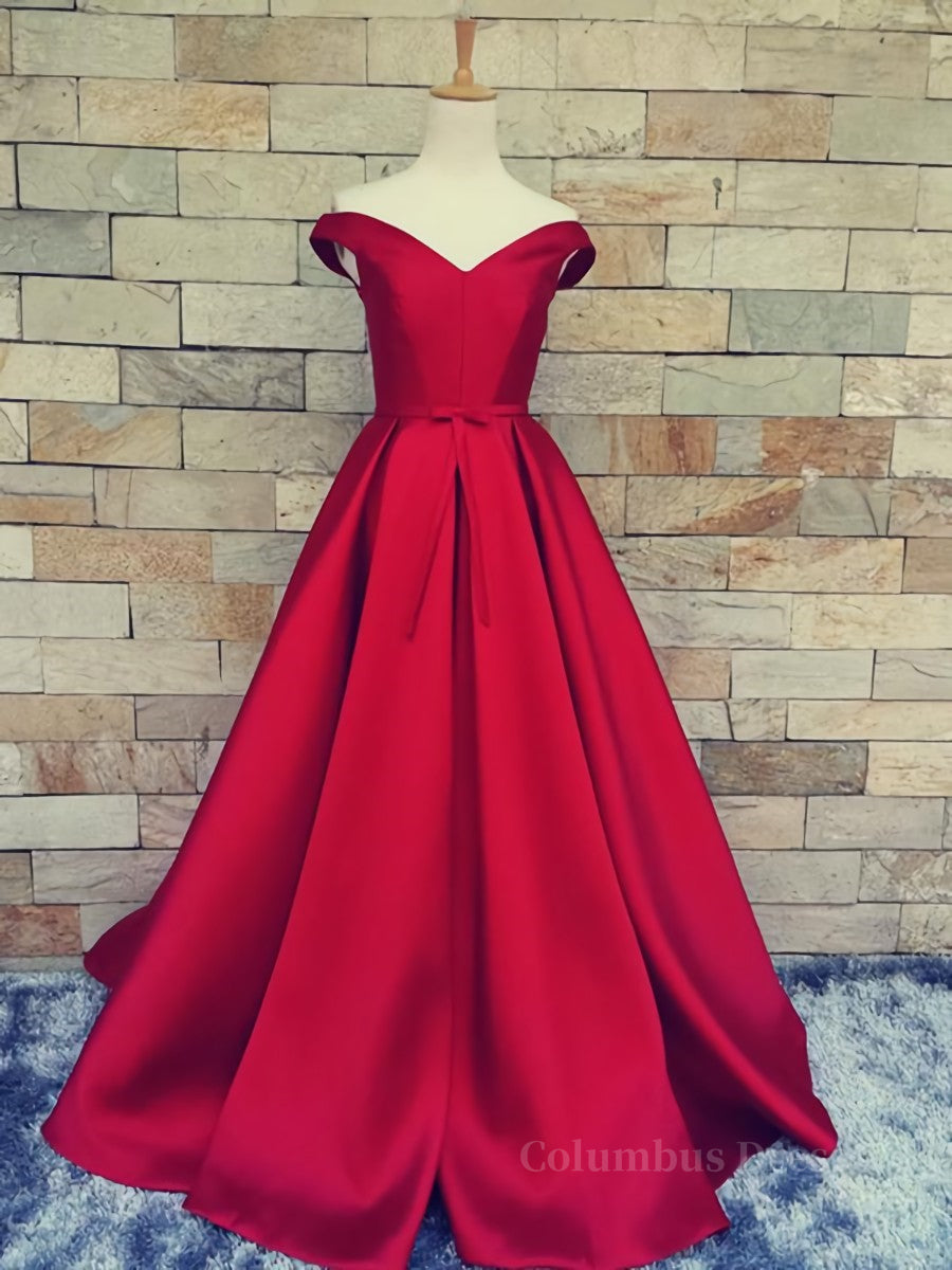 Party Dress Designs, Off the Shoulder Red Long Prom Dresses, Red Long Formal Evening Dresses