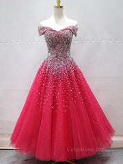 Party Dresses Outfit, Off the Shoulder Red Long Prom Gown, Off the Shoulder Red Beaded Formal Evening Dresses