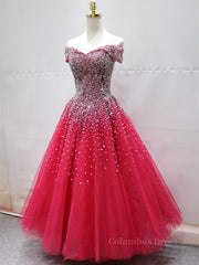 Party Dresses Outfits, Off the Shoulder Red Long Prom Gown, Off the Shoulder Red Beaded Formal Evening Dresses