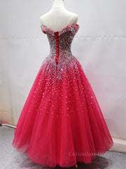 Party Dress Shopping, Off the Shoulder Red Long Prom Gown, Off the Shoulder Red Beaded Formal Evening Dresses
