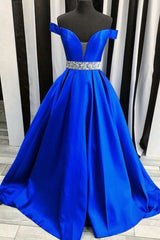 Bridesmaid Dresses Under 113, Off-the-shoulder Royal Blue Evening Dress with Rhinestones Belt,event dresses elegant