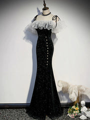 Bridesmaids Dress Modest, Off the Shoulder Shiny Black Mermaid Prom Dresses, Shiny Black Long Formal Dresses