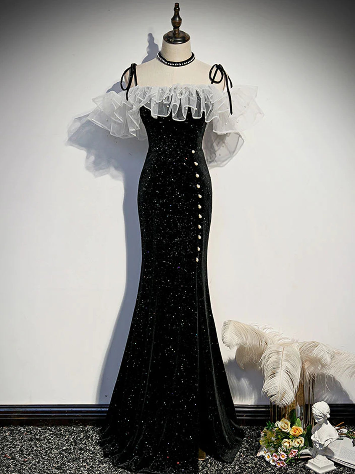 Dream Wedding, Off the Shoulder Shiny Black Mermaid Prom Dresses, Shiny Black Long Formal Dresses