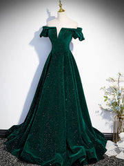 Small Wedding Ideas, Off the Shoulder Shiny Green Black Long Prom Dresses, Green Black Long Formal Evening Dresses