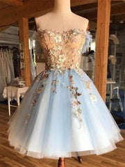 Formal Dresses Elegant Classy, Off the Shoulder Short Blue Lace Floral Prom Dresses, Short Blue Lace Graduation Homecoming Dresses