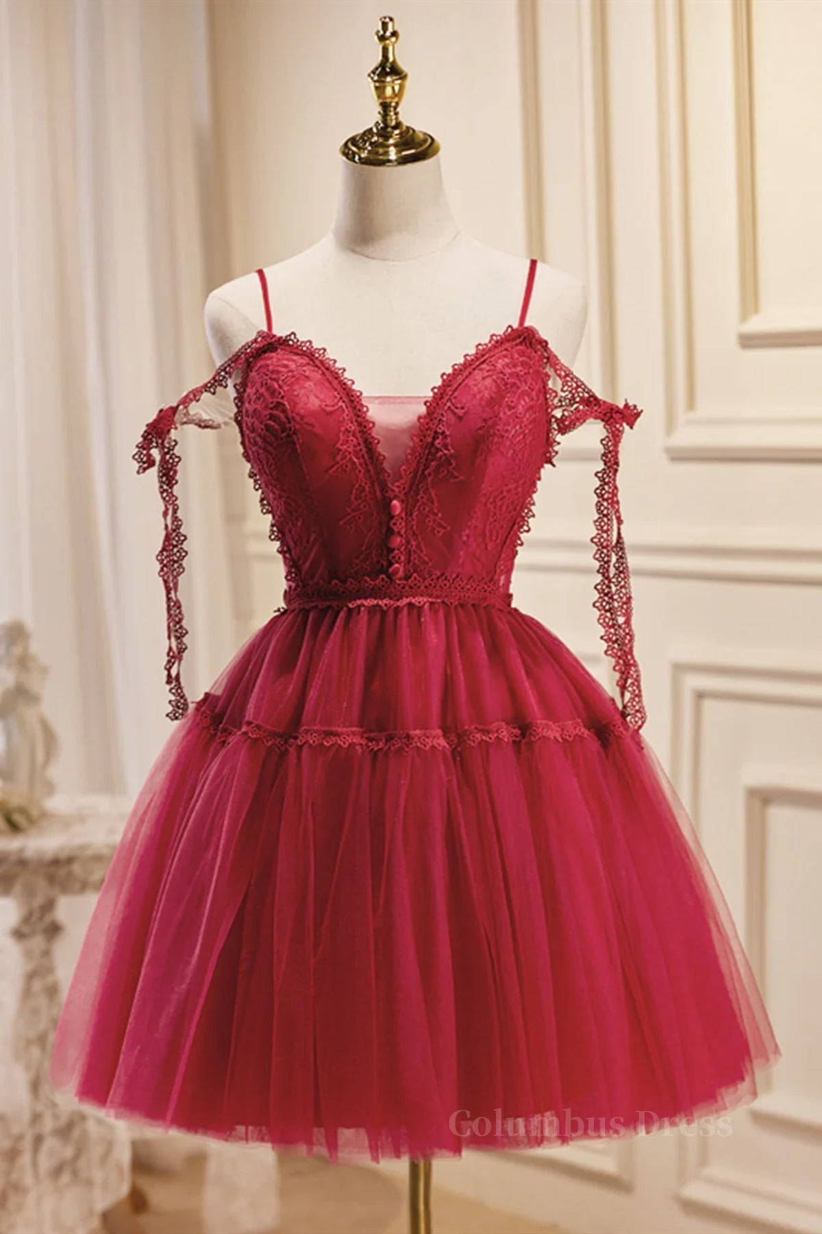 Red Formal Dress, Off the Shoulder Short Burgundy Lace Prom Dresses, Wine Red Short Lace Formal Graduation Dresses