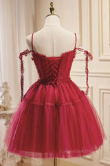 Short Dress Style, Off the Shoulder Short Burgundy Lace Prom Dresses, Wine Red Short Lace Formal Graduation Dresses