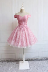 Formal Dresses Long Gowns, Off the Shoulder Short Pink Lace Prom Dresses, Short Pink Lace Graduation Homecoming Dresses