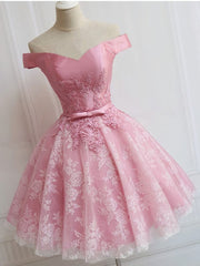 Formal Dress Long Gowns, Off the Shoulder Short Pink Lace Prom Dresses, Short Pink Lace Graduation Homecoming Dresses