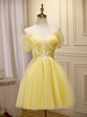 Party Dress Prom, Off the Shoulder Short Yellow Prom Dresses, Off Shoulder Short Yellow Formal Graduation Dresses