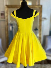 Formal Dress Black, Off the Shoulder Short Yellow Satin Prom Dresses, Short Yellow Satin Formal Homecoming Dresses