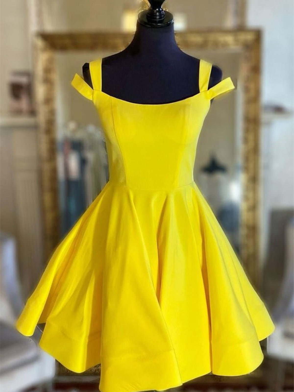 Formal Dresses Black, Off the Shoulder Short Yellow Satin Prom Dresses, Short Yellow Satin Formal Homecoming Dresses
