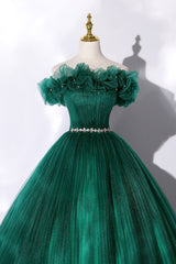 Dress To Wear To A Wedding, Off the Shoulder Tulle Long Prom Dress, Green A-Line Evening Graduation Dress