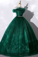 Burgundy Prom Dress, Off the Shoulder Tulle Long Prom Dress, Green A-Line Evening Graduation Dress