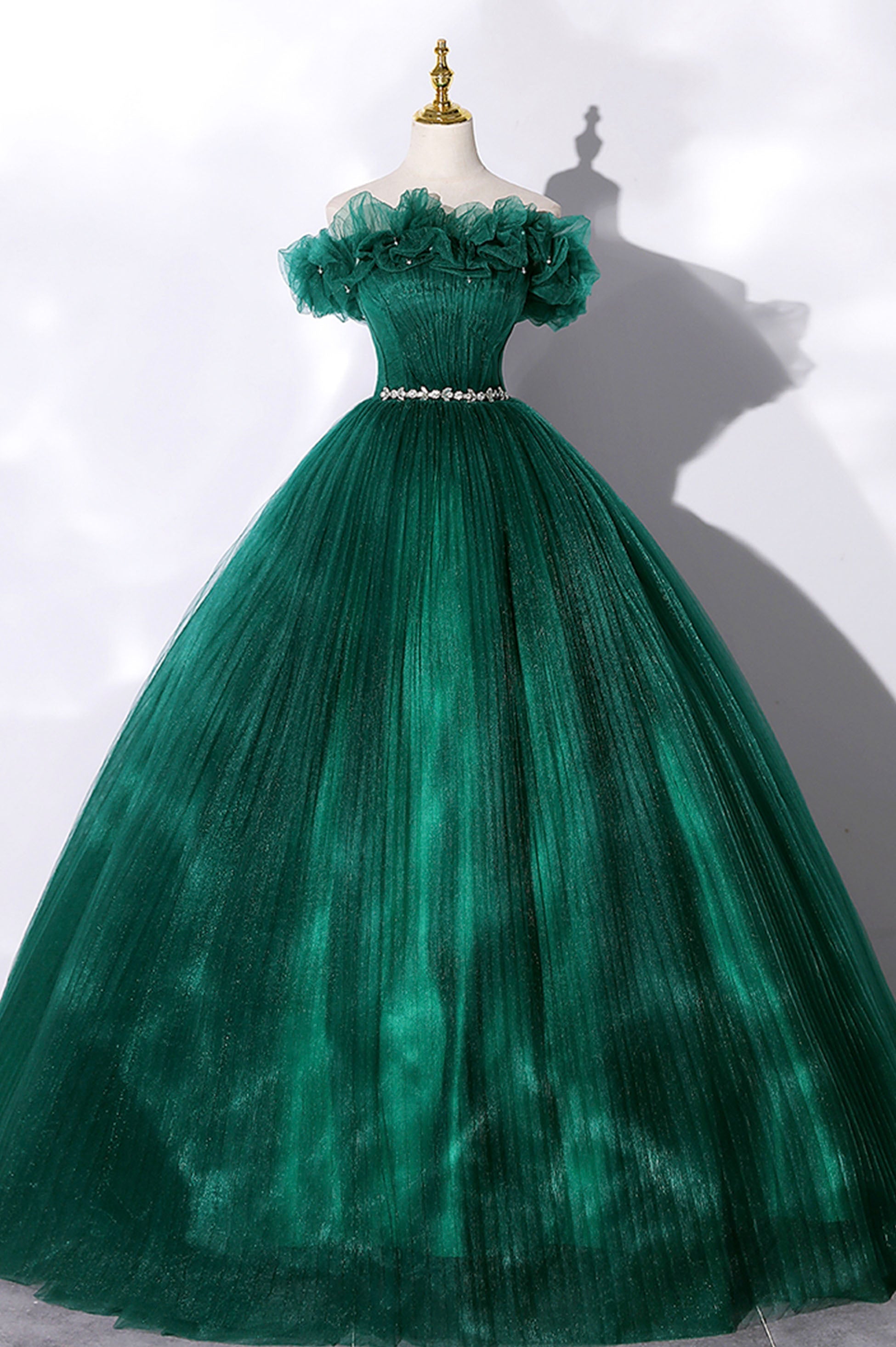 Satin Prom Dress, Off the Shoulder Tulle Long Prom Dress, Green A-Line Evening Graduation Dress