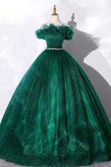 Satin Prom Dress, Off the Shoulder Tulle Long Prom Dress, Green A-Line Evening Graduation Dress