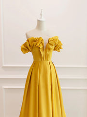 Party Dress Styles, Off the Shoulder Yellow Burgundy Long Prom Dresses, Yellow Wine Red Long Satin Formal Dresses