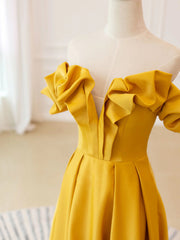 Party Dress Inspiration, Off the Shoulder Yellow Burgundy Long Prom Dresses, Yellow Wine Red Long Satin Formal Dresses
