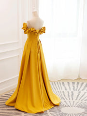 Party Dress Trends, Off the Shoulder Yellow Burgundy Long Prom Dresses, Yellow Wine Red Long Satin Formal Dresses