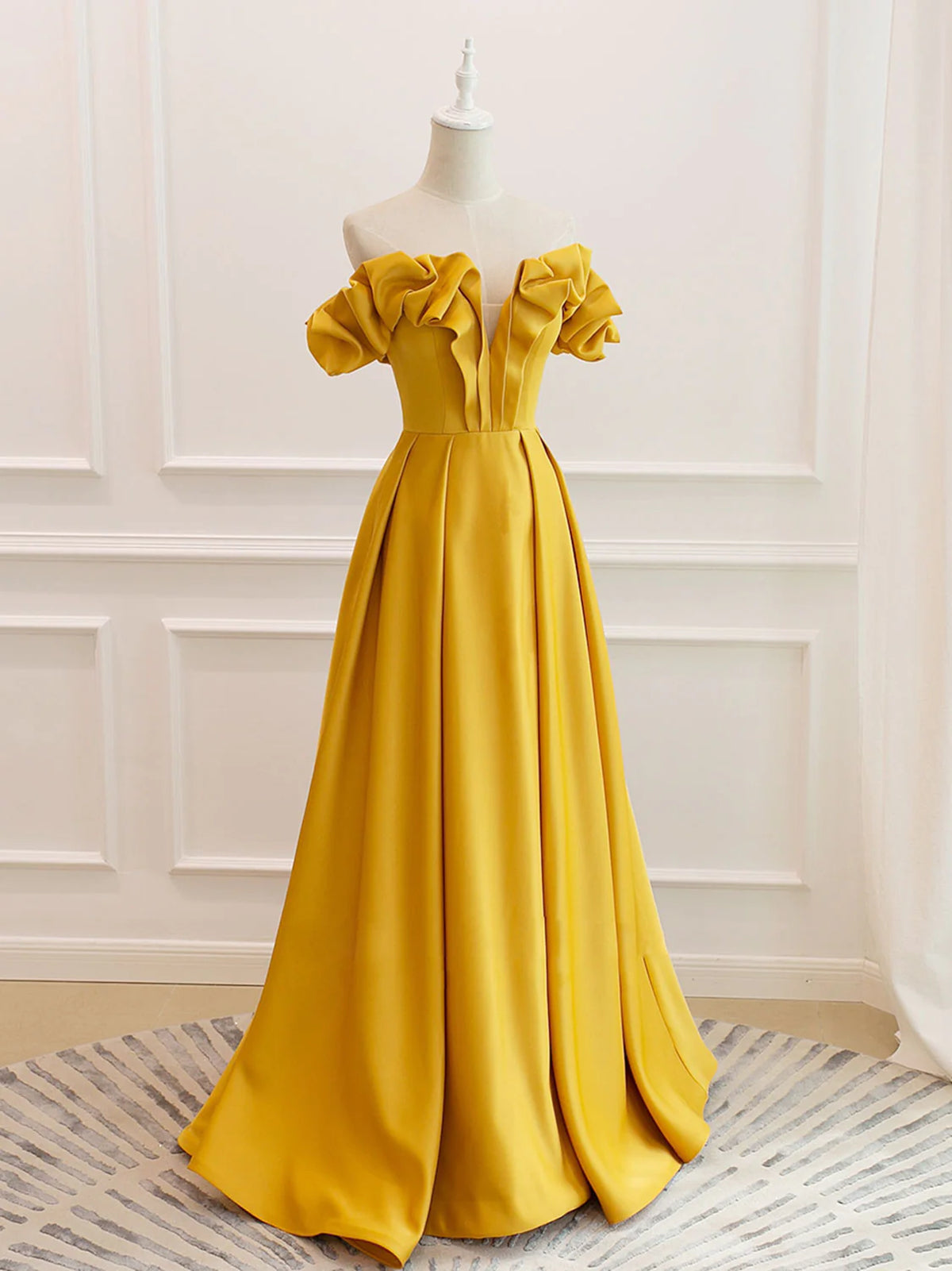 Party Dress Outfit, Off the Shoulder Yellow Burgundy Long Prom Dresses, Yellow Wine Red Long Satin Formal Dresses
