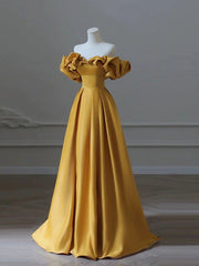 Party Dress In Store, Off the Shoulder Yellow Long Prom Dresses, Yellow Off Shoulder Long Formal Evening Dresses