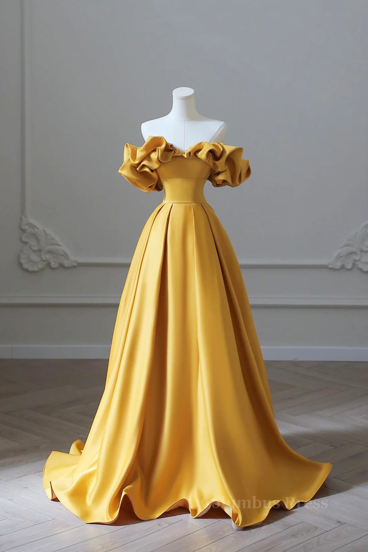 Long Gown, Off the Shoulder Yellow Satin Long Prom Dresses, Off Shoulder Yellow Long Formal Evening Dresses