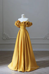 93 Prom Dress, Off the Shoulder Yellow Satin Long Prom Dresses, Off Shoulder Yellow Long Formal Evening Dresses