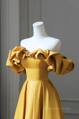 Orange Dress, Off the Shoulder Yellow Satin Long Prom Dresses, Off Shoulder Yellow Long Formal Evening Dresses