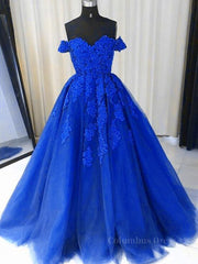 Party Dress Websites, Off the Shouler Royal Blue Lace Prom Dresses, Off Shoulder Blue Lace Formal Evening Dresses