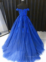 Party Dresses Long Dress, Off the Shouler Royal Blue Lace Prom Dresses, Off Shoulder Blue Lace Formal Evening Dresses