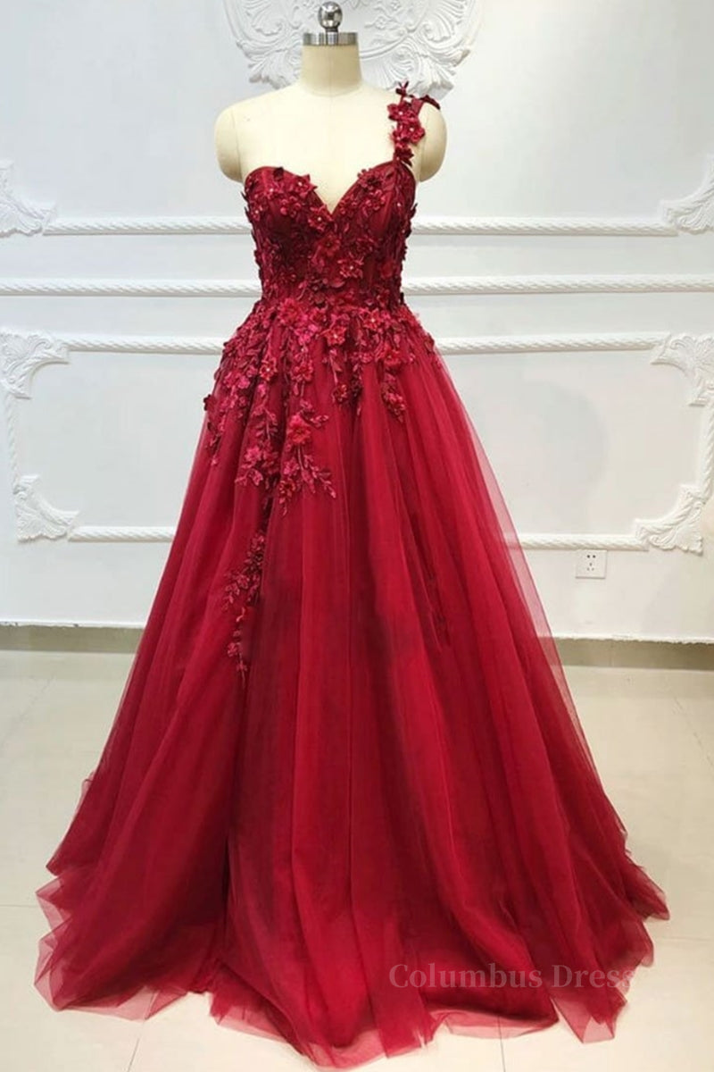 Homecoming Dresses Style, One Shoulder 3D Floral Burgundy Lace Long Prom Dress, Burgundy Lace Appliques Formal Graduation Evening Dress