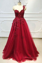 Homecoming Dresses Style, One Shoulder 3D Floral Burgundy Lace Long Prom Dress, Burgundy Lace Appliques Formal Graduation Evening Dress