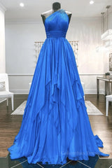 Evening Dresses Red, One Shoulder Backless Blue Chiffon Long Prom Dress, Beaded Blue Long Formal Evening Dress
