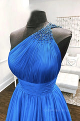 Evening Dress Style, One Shoulder Backless Blue Chiffon Long Prom Dress, Beaded Blue Long Formal Evening Dress