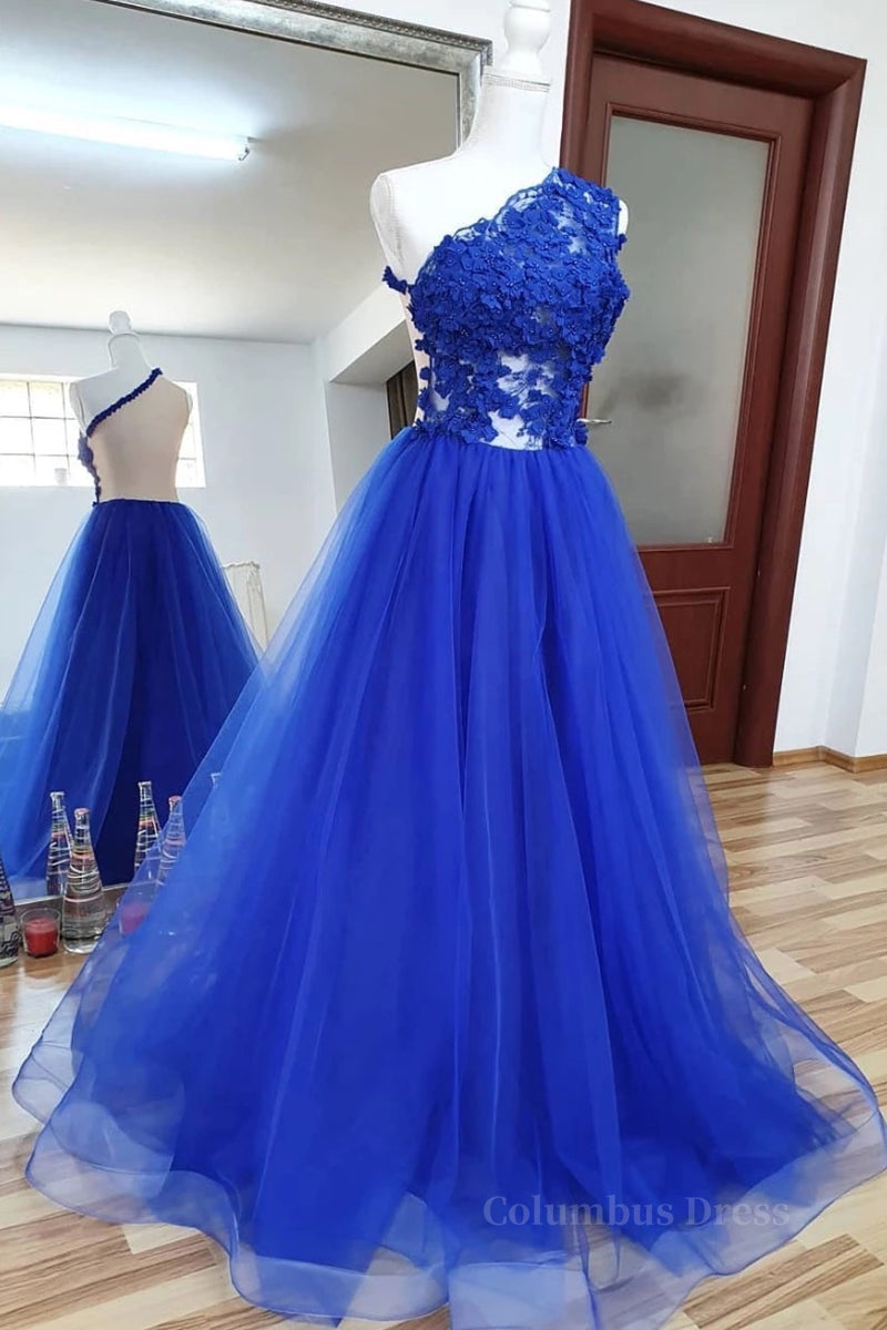 Champagne Prom Dress, One Shoulder Backless Royal Blue Lace Long Prom Dress, Royal Blue Lace Formal Dress, Backless Royal Blue Evening Dress