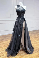 Evening Dresses Online Shopping, One Shoulder Black Lace Prom Dresses, One Shoulder Black Lace Formal Evening Dresses