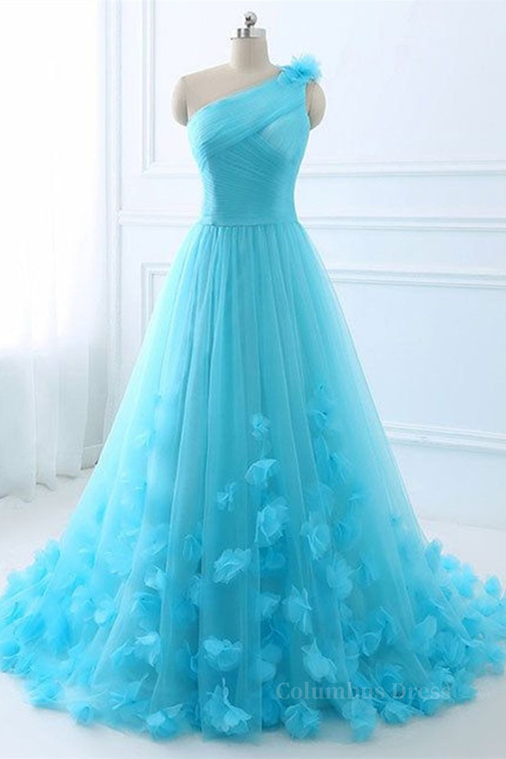 Formal Dress Gown, One Shoulder Blue Floral Long Prom Dresses, One Shoulder Blue Formal Dresses, 3D Flowers Blue Evening Dresses