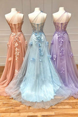 Bridesmaid Dress Blush, One Shoulder Floral Long Prom Dresses, Formal Graduation Evening Dress