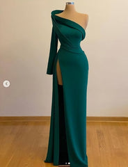 Dress Aesthetic, One Shoulder Long Sleeves Evening Gowns With Slit Formal Occasion Pageant Dress