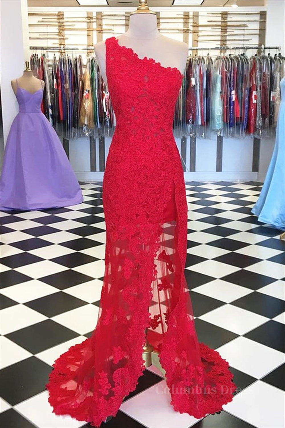 Fall Wedding, One Shoulder Mermaid Red Lace Long Prom Dresses with High Slit