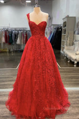 Formal Dress Cheap, One Shoulder Open Back Red Lace Long Prom Dresses, Sweetheart Neck Red Lace Formal Dresses, Red Evening Dresses