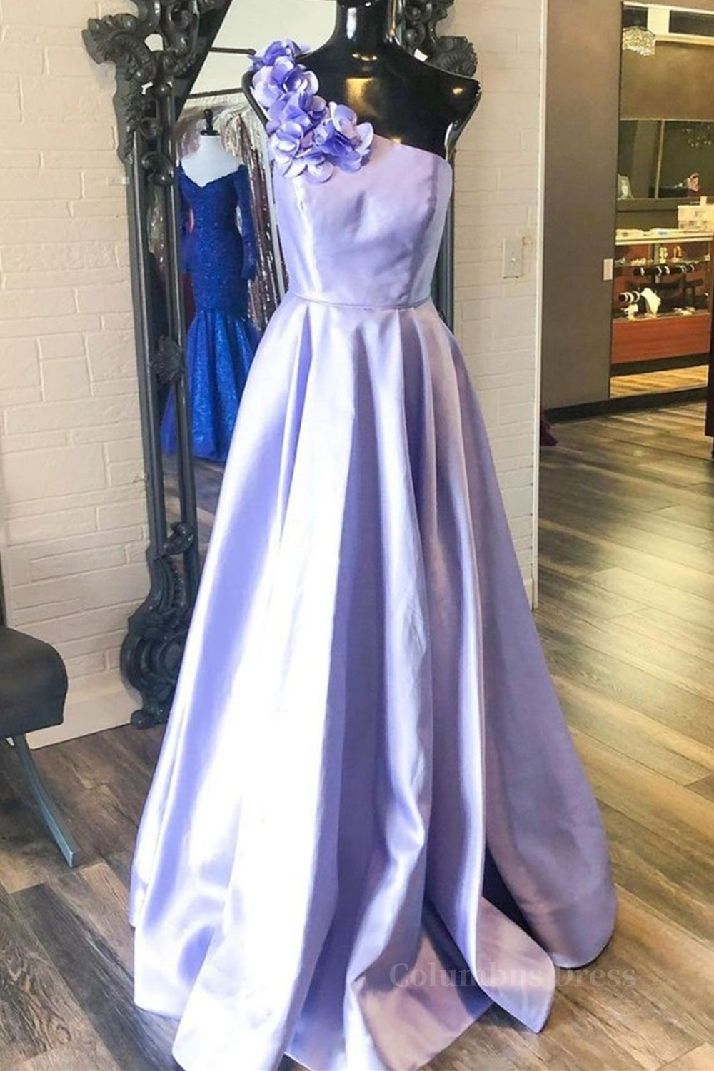 Slip Dress Outfit, One Shoulder Purple Satin Long Prom Dresses with Flowers, Purple Formal Evening Dresses